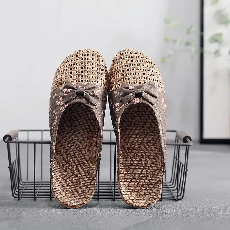 Summer Subgrass Woven Sandals and Slippers Ladies Linen Slippers Home Indoor Non-slip Floor Thick Bottom