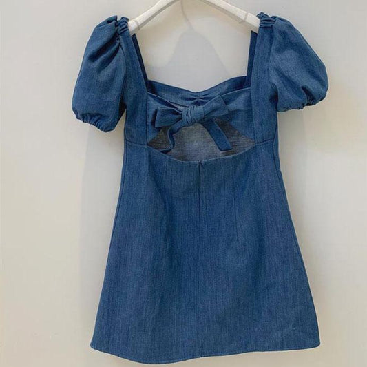 Female Square Neck Mid Length Summer French Retro Elegant Waist with Thin Bubble Sleeve Party Dress
