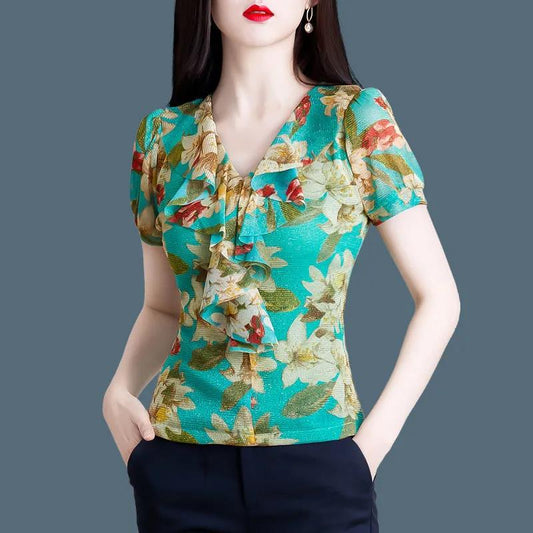 Women's Short Sleeve T-Shirt Summer V-Neck Loose Print Cropped Top