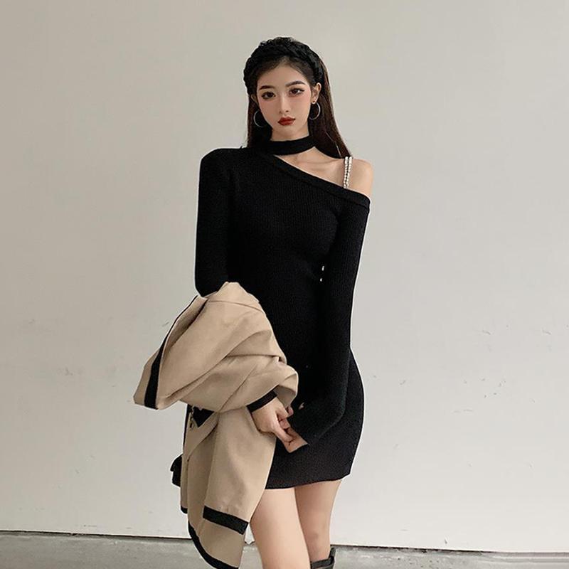 Knitted Dress Women's Bottoming Dress Bag Hip Skirt with Temperament Slim Sexy Strapless Long-sleeved Bottoming Skirt