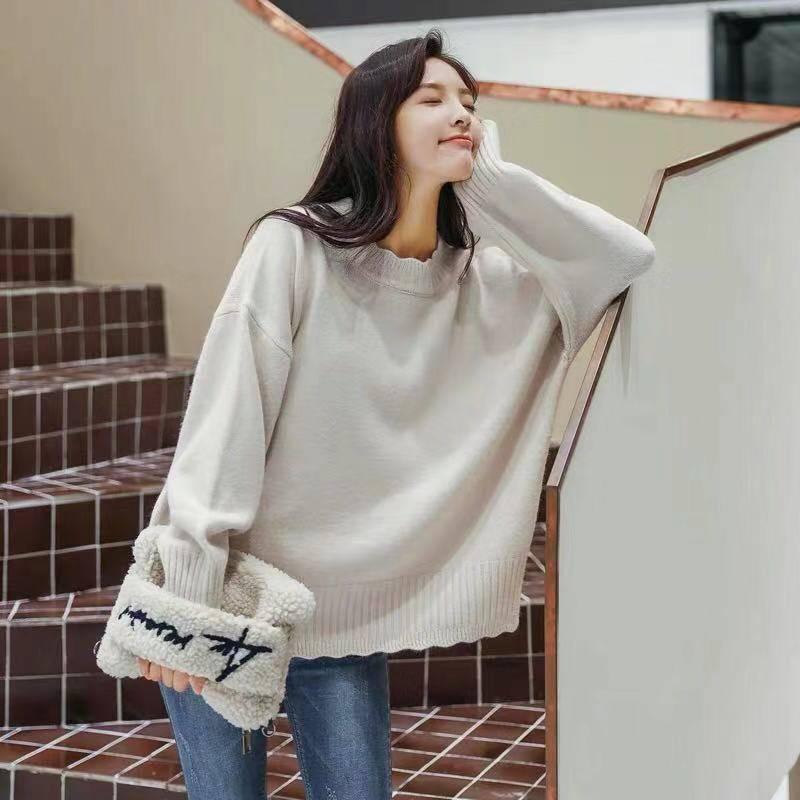 Autumn and Winter Sweater Women's Hedging Loose Solid Color Petal Collar Base Sweater