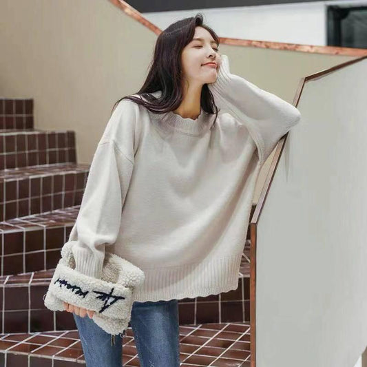 Autumn and Winter Sweater Women's Hedging Loose Solid Color Petal Collar Base Sweater