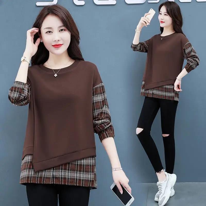 Women Plaid Stitching Shirt Summer Fake Two-piece T-shirt Boutique Casual Pullover Trendy Bottoming Shirt