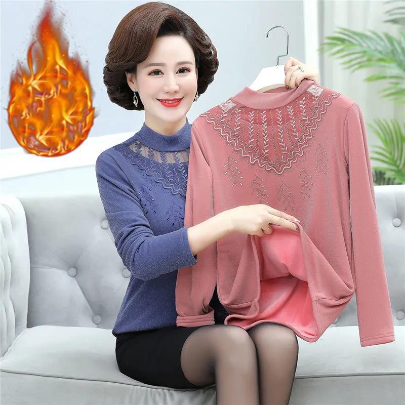 Autumn and Winter Plus Velvet Thick Lace Half Turtleneck Bottoming Shirt Loose Warm Large Size Sweater for Women