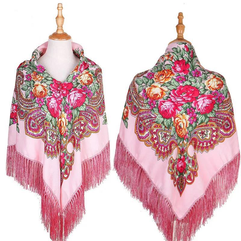 Women's Ethnic Style Square Scarf Printed Shawl Fringed Cotton Scarf Autumn Winter Warm Embroidered Shawl Multifunctional Turban Shawl Scarf 135x135cm