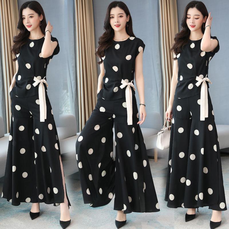 Polka Dot Chiffon Women's Two-piece Loose Wide-leg Pants Round Neck Sleeveless Bow-knot Shirt Chiffon Fabric Light and Breathable