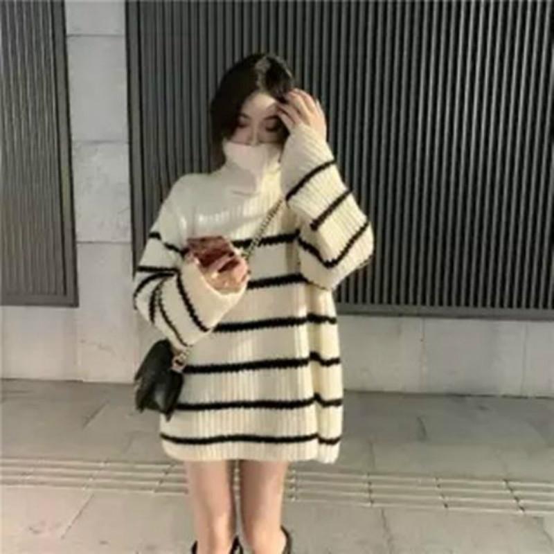 Pofulove Wild Thickened Knit Tide Winter Warm Long Striped Turtleneck Sweater Girl Student Loose