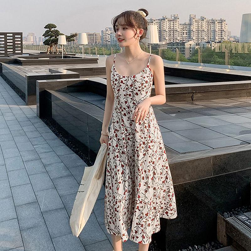 Floral Sling Dress Artificial Ice Silk Fabric Cool and Breathable A-line Skirt Mid-length Skirt Slim Female Sling Halter Dress