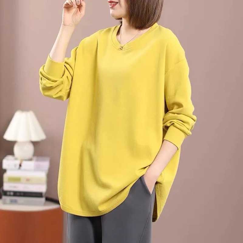 Spring and Autumn Cotton Loose Large Size Casual Solid Color Round Neck Bottoming Shirt Women's Long-sleeved T-shirt