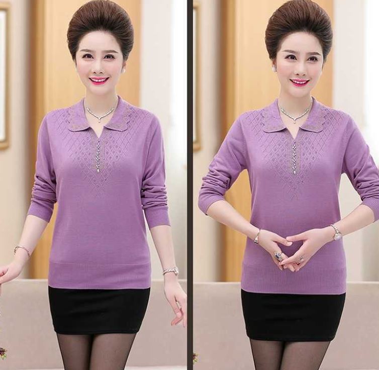 Autumn and Winter Women's Loose and Casual Plus Size Sweater Fashion Solid Color Lapel Long Sleeve Mother Clothes