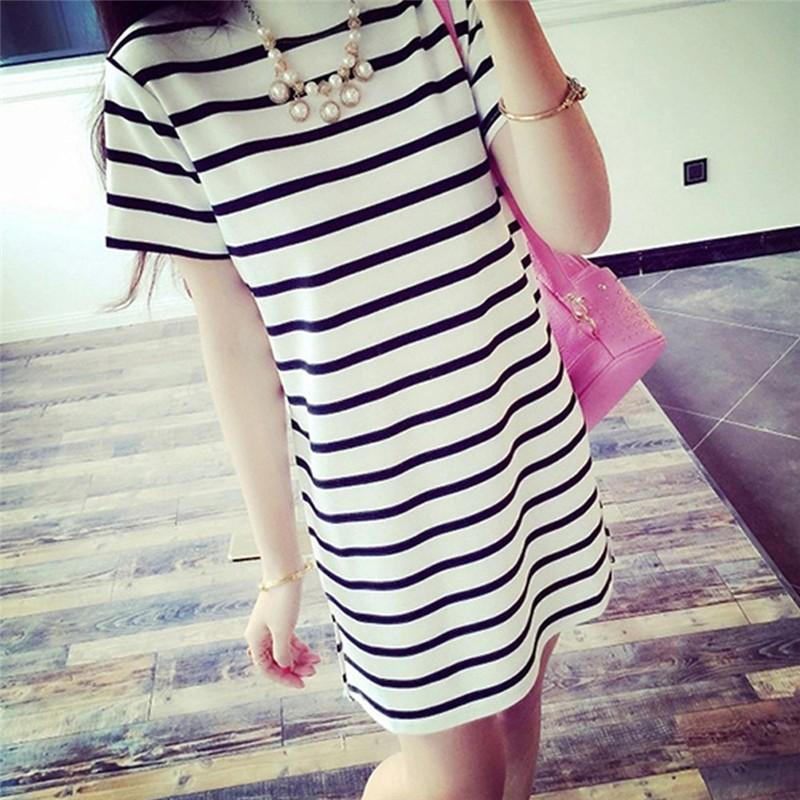 Fashion S-3XL Maxi T Shirt Women's Cute White and Black Strips Loose Tops Dress