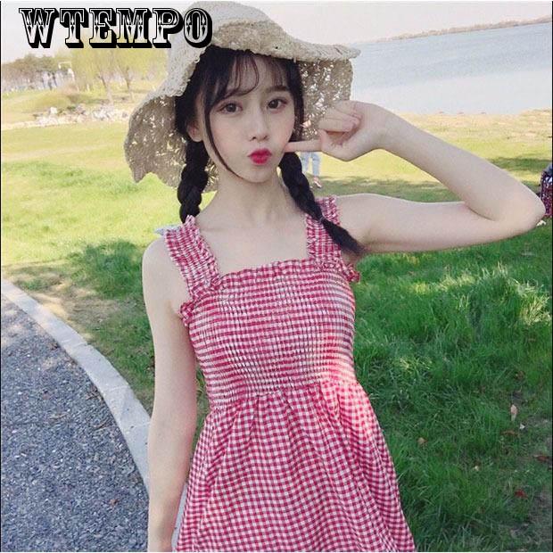 WTEMPO Brand Summer Loose Sling Small Fresh Women's Student Tube Top Long Plaid Dress
