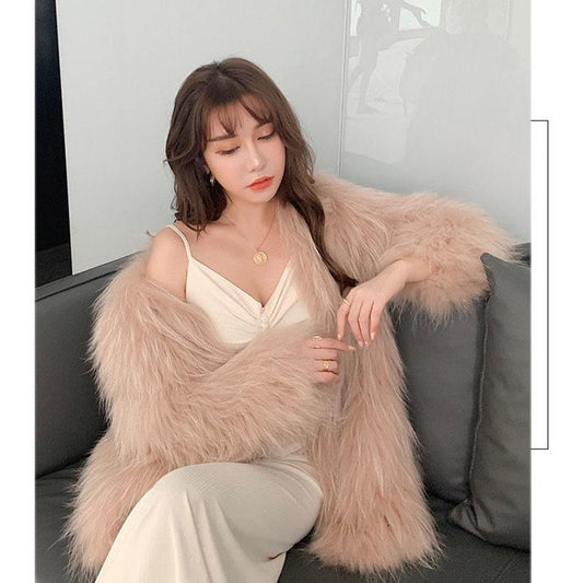 Winter and Spring Fashion Imitation Raccoon Fur Woven Fur Coat Female Mid-length Haining Fur Coat
