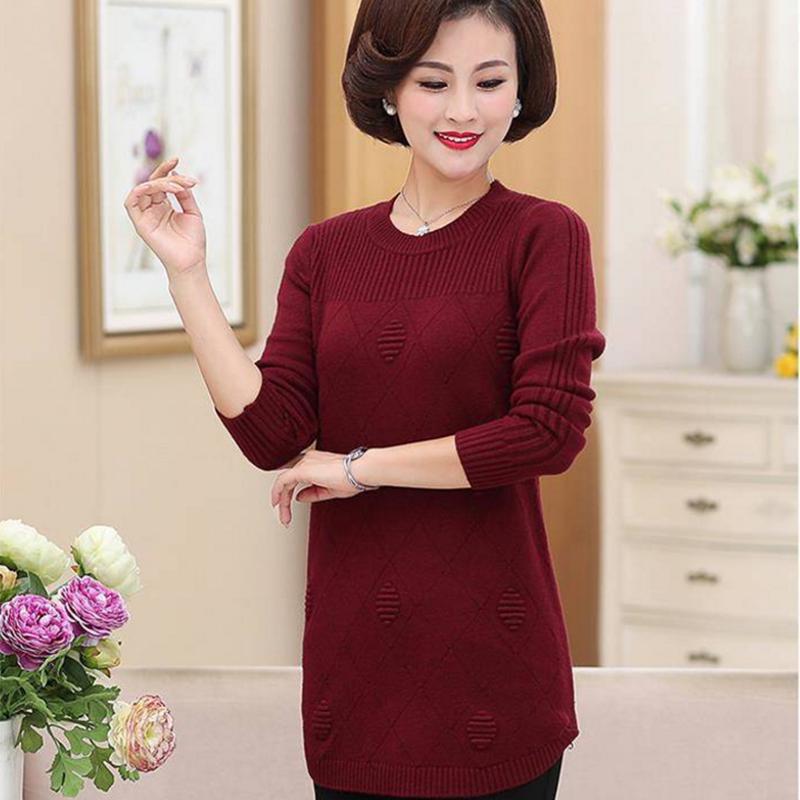 Pofulove Mid-length Sweater Casual Sweater Knitted Base Middle-aged and Elderly Women's Plus Size