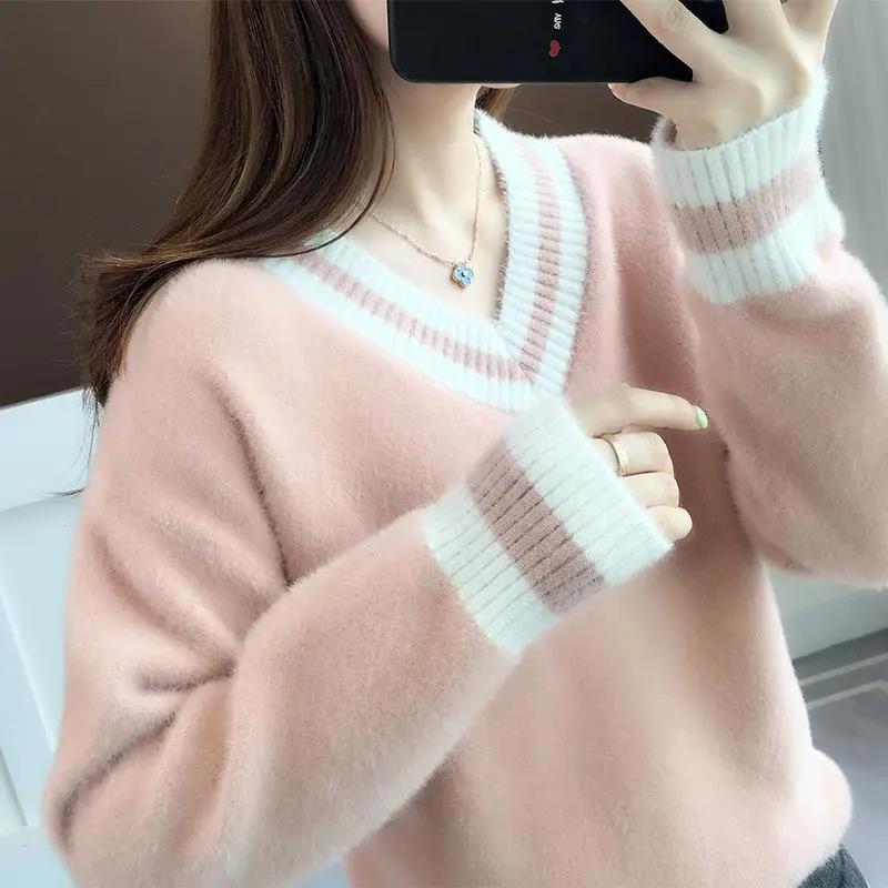 Women's Autumn and Winter Imitation Mink Velvet Thickened Pullover Sweater Women's Short V-neck Loose Long Sleeve Versatile Sweater
