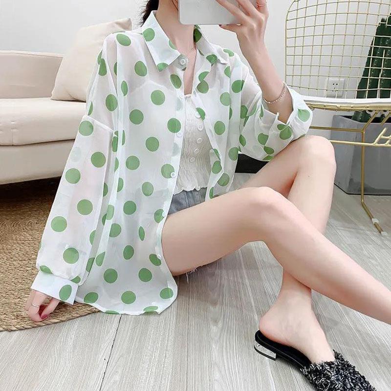 Dot Chiffon Sunscreen Female Summer Korean Version Loose Shirt  Regular  Turn-down Collar  Printing  Woman Tops