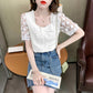 Women's Summer Loose Square Neck Embroidered Top Short Sleeve T-Shirt