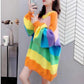 Girl Student Loose Jacket Round Neck Pullover Simple Sweater Rainbow Stripe Long Sleeve Fashion Top