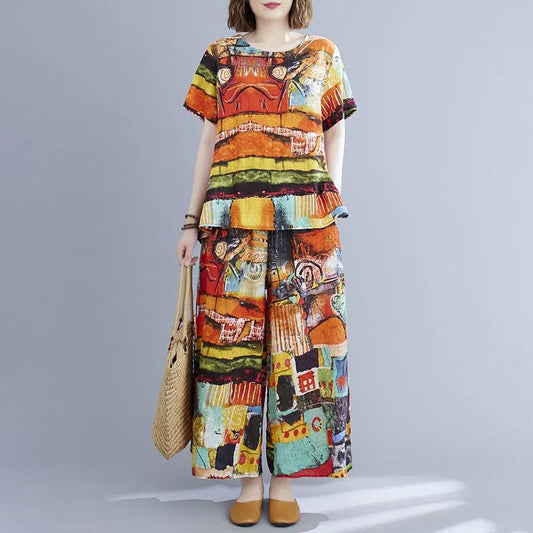 Two-piece Suit Cotton Large Size Ethnic Style Suit Female Summer Literature and Art Retro Short-sleeved Wide-leg Nine-point Pants Loose