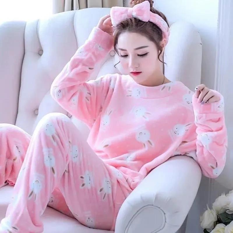 Women's Long-sleeved Flannel Pajamas Set Spring Autumn Cartoon Sleepwear Thickened Warm Printing Plush Cute Sleeping Suit Set