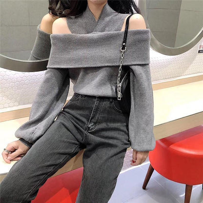 Off Shoulder Sexy One-neck Blouse Loose Knit Bottoming Shirt Fashion Outer Wear Spring and Autumn Jacket