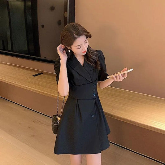 Temperament Goddess Fan Dress Women's Summer Dress New Korean Version of The Waist Was Thin Short-sleeved Suit Skirt Trendy A-line Skirt