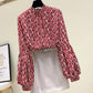 Floral Chiffon Puff Sleeve Top Thin Chiffon Shirt Women's Loose Casual Top Stand Collar Long Sleeves