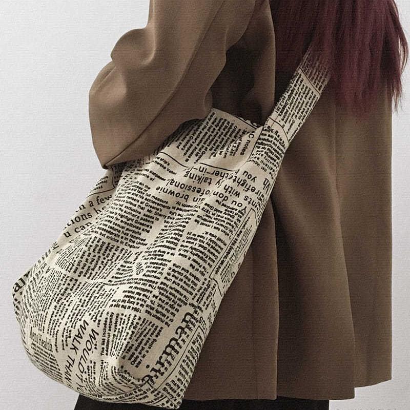 Women Canvas Bags Travel Casual Large Daily Shoulder Tote Shopper Handbag Simple English Newspaper Sense