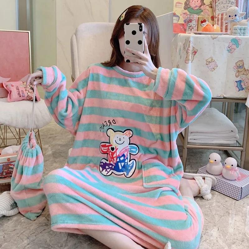 Large Size Women's Winter Warm Coral Fleece Stripes Nightdress Cute Cartoon Printing Pyjama Plus Fat Oversize Long-sleeves Pajamas Flannel Home Wear
