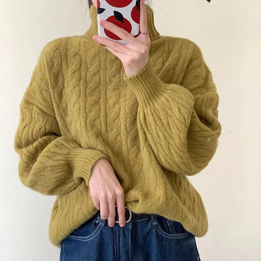 Women's Turtleneck Pullover Sweater Fashion Solid Color Twist Sweater Large Size Loose Mid Length Sweater