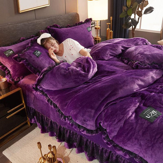 2019 Coral Velvet 4pcs Winter Flannel Thickening Warm Bedclothes Queen King Quilt Cover