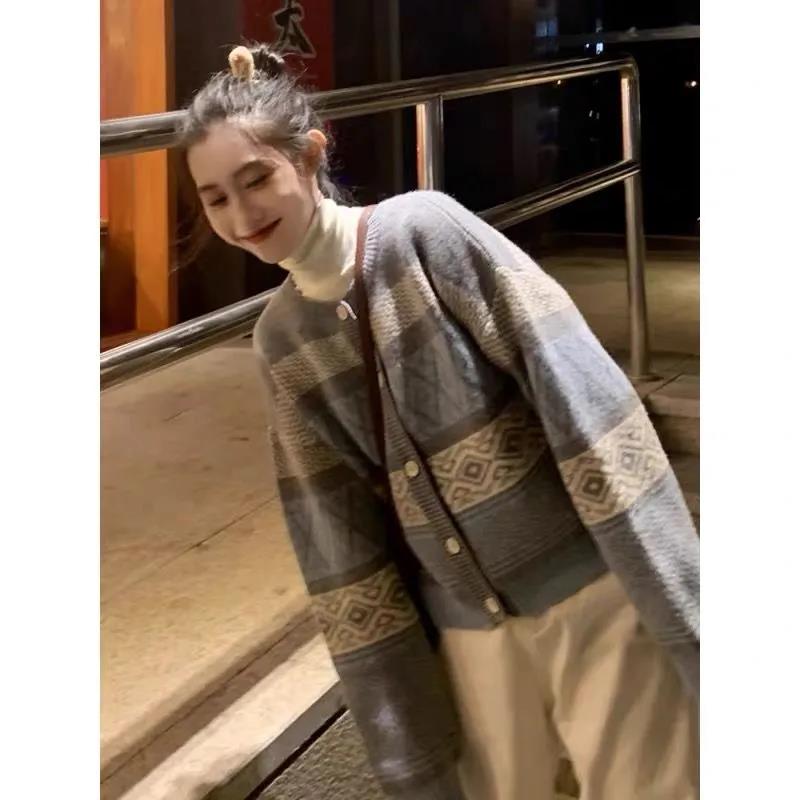 Knitted Top Korean Version All-match Lazy Style Retro Knitted Short Colorblock Long-sleeved Niche Knitted Jacket 2022