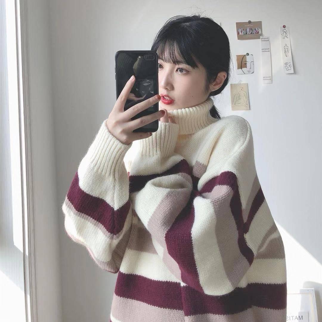 Autumn and Winter Turtleneck Striped Loose Sweater Female Hedging Was Thin Wild Sweater