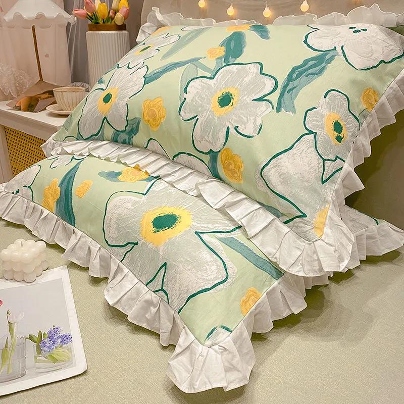 Princess Style Print Pillowcase Korean Style Fashion Lace Soft Pillow Core Cover A Pair of Cotton Pillowcases for Adults