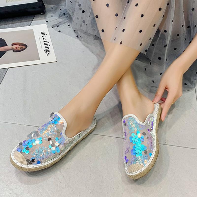 Baotou Half Slippers Female Summer Flat-bottomed Lazy One-step Outside Wear Net Red Sequin Fisherman Sandals and Slippers
