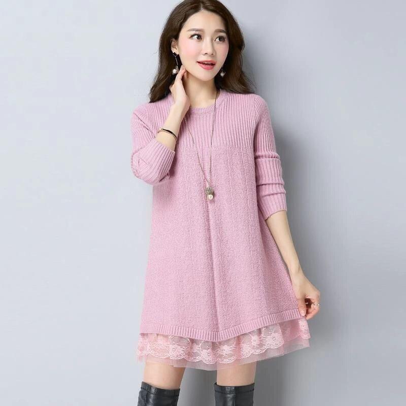 Autumn and Winter Lace Sweater Fashion Knit Mid-length Bottoming Shirt Slim Simple Dress