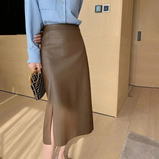High Waist Hip Leather Skirt Women's Spring Slim Split Skirt Leather Skirt Skinny Tight Straight Mid Length Pencil Skirt Lady Pu Half Skirt