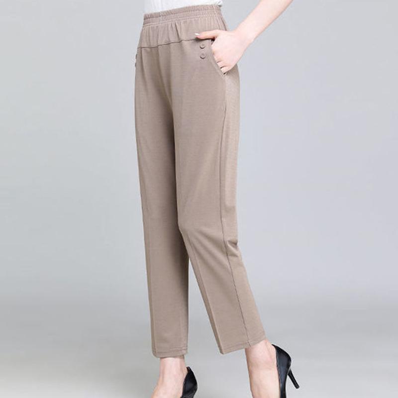Spring Summer Autumn Thin Mother Middle-aged and Elderly Casual Straight Cropped Trousers Loose High Waist Elastic Waist Women