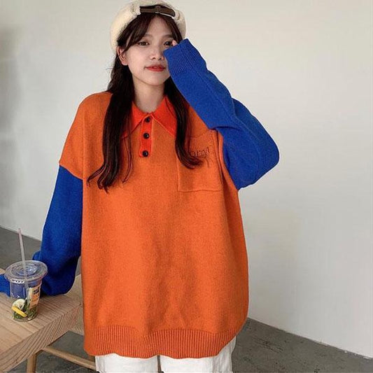Autumn College Style Long-sleeved Polo-neck Sweater Female Student Loose Mid-length Sweater Coat