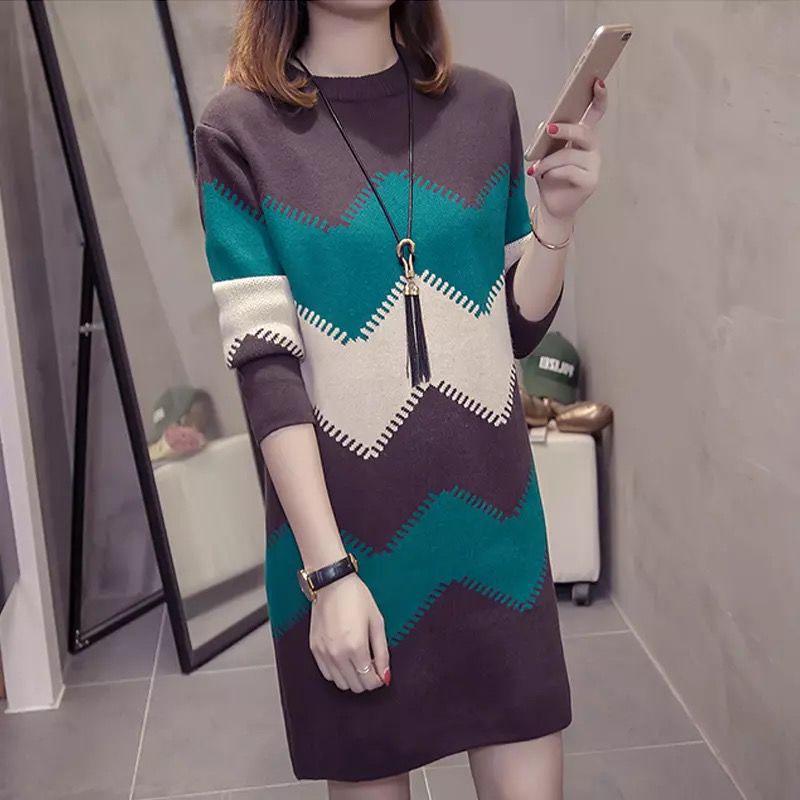 Mid-length Pullover Sweater Women All-mach Loose Large Size Thick Knitted Sweater dress Autumn Winter