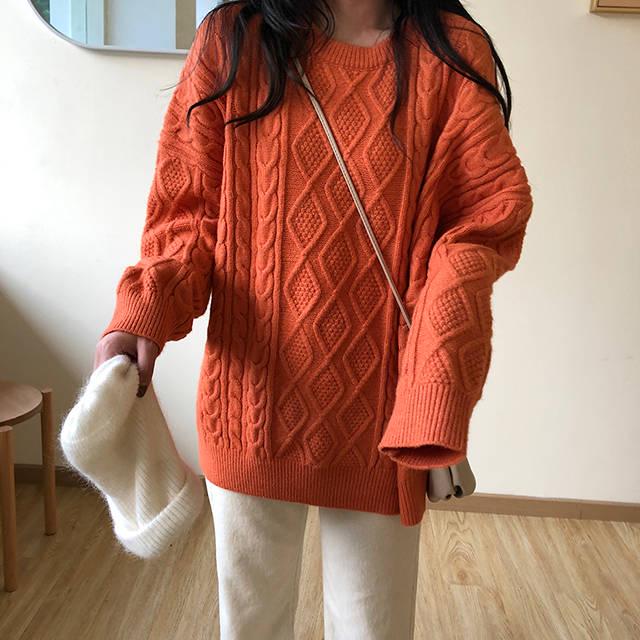 Pofulove Round Neck Twist Sweater Female Loose Wild College Style Knitted Sweater Autumn Winter