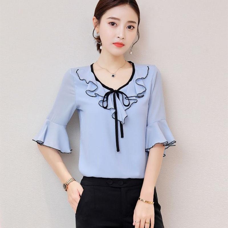 Short -sleeved Chiffon Shirt Female Summer Flared Sleeve Shirt Female