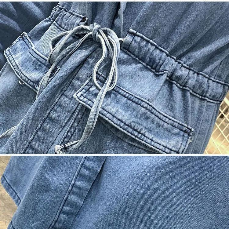 All-match Mid-length Denim Jacket Hooded Trench Coat Spring and Autumn Plus Size Women's Loose Waist Dress Jeans Jacket