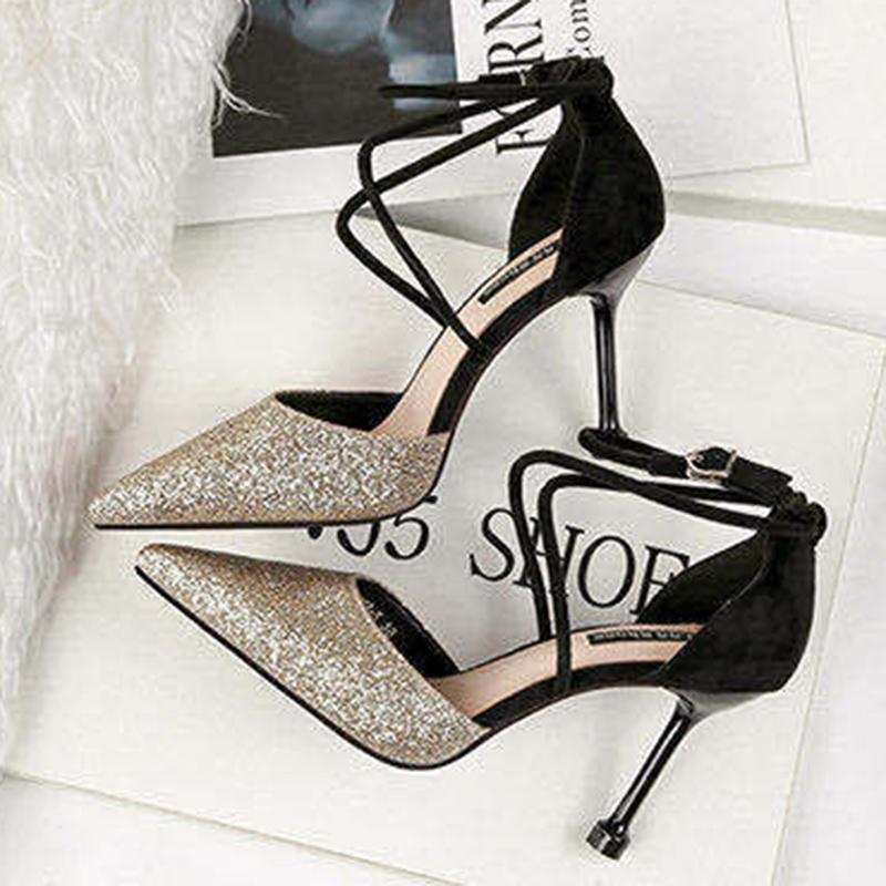 Crystal Sequins Pointed Toe High Heels Stiletto Buckle Hollow Single Shoes Cross Strap Women Sandals