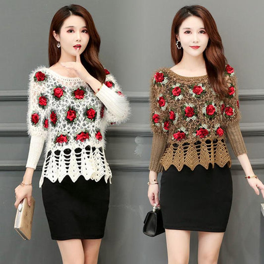 Fall/winter Women Crocheted Knit Jumper Short Pullover Batwing Sweater  Round Neck Mohair Sweater Outwear