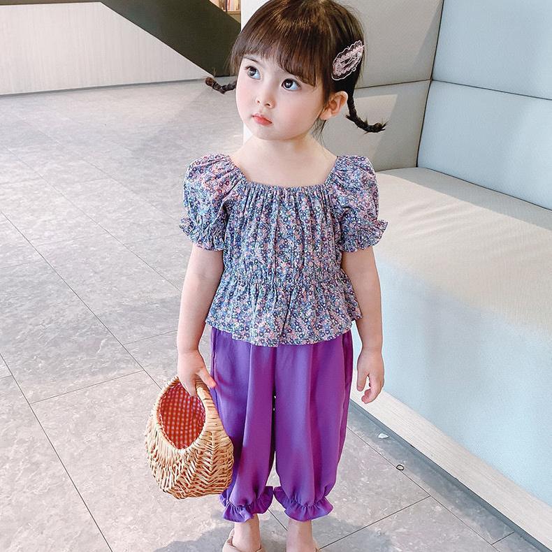 Girls Suit Summer Thin Korean Style Floral Short Sleeved Trousers Two Piece Set Casual Wear with Ruffles Puff Sleeve