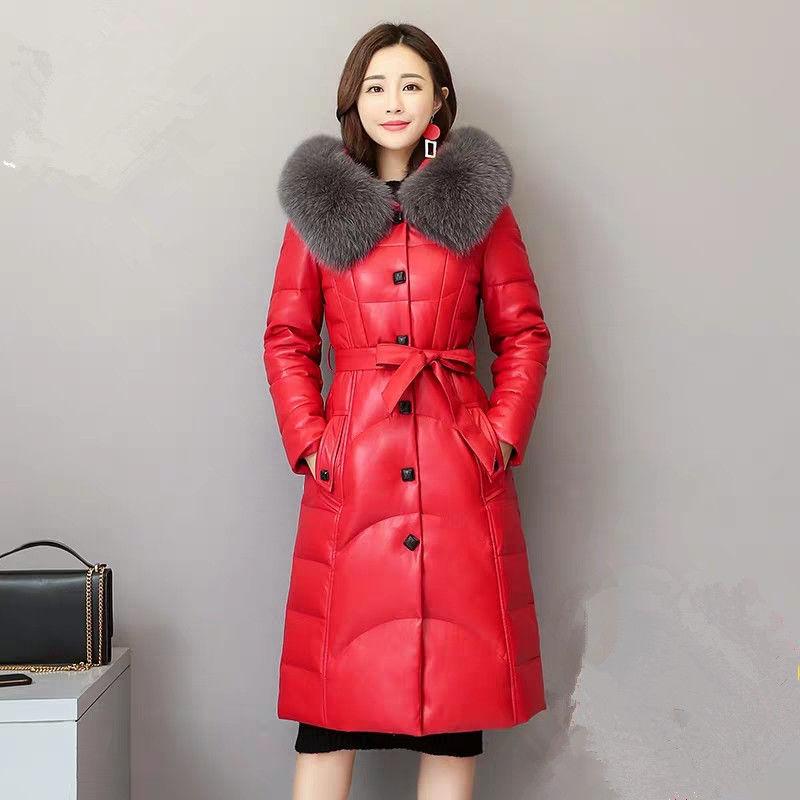 Leather Coat and Fur Imitation Fox Fur Collar Women's Jacket Mid-length Hooded Plus Cotton Thick PU Slim Fit