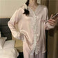 Women's Spring Autumn Pajamas Set Ice Silk V Neck Sexy Lace Long-sleeved Shirt Trousers Two-piece Set Solid Loose Homewear Comfortable Sleeping Suit