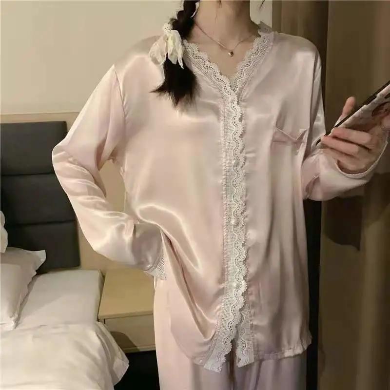 Women's Spring Autumn Pajamas Set Ice Silk V Neck Sexy Lace Long-sleeved Shirt Trousers Two-piece Set Solid Loose Homewear Comfortable Sleeping Suit