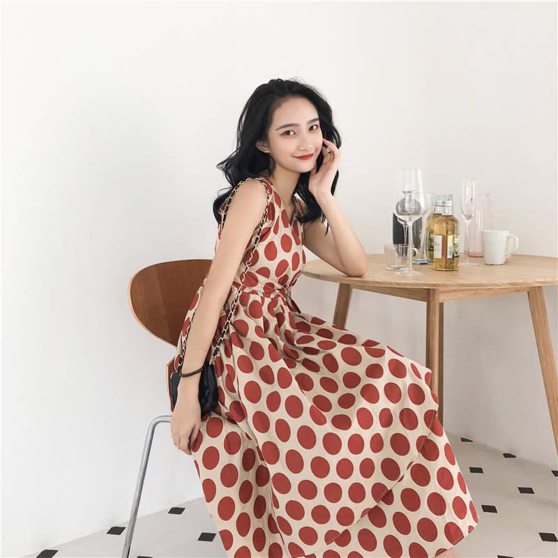 Summer Dress Women Vintage Dress Casual Polka Dot Print A-Line Party Dresses Sleeveless Long Dress
